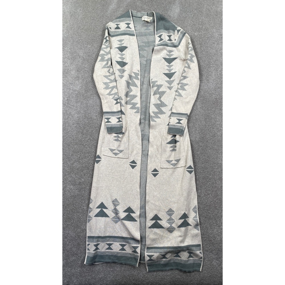 Jessica Simpson Long Open Front Cardigan Sweater Geometric Print Gray Women S